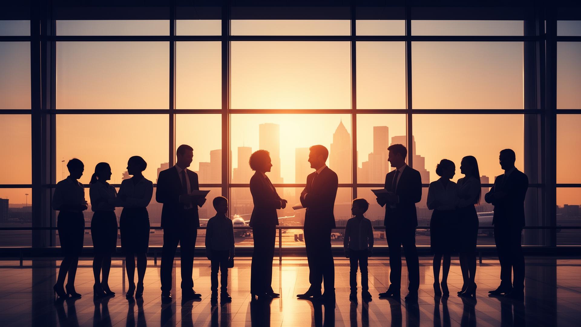Diverse families and professionals at sunset